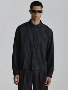Musero Crop Length Boxy Oversized Drop Shoulder Pinstripe Shirt With Back Embroidery Patch Chest Pocket Co Ord Shirt Only Autum Winter Essentials - Black - View 5