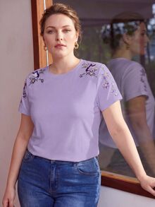 MOTF PREMIUM PLUS SUMMER DELICATE FLORAL EMBROIDERED T-SHIRT - Purple - View 5