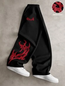 PAVTROS 男士街頭哥德風 3D 刺繡直筒運動長褲，寬鬆版型，中性款，街頭休閒風，舒適運動長褲 - 黑色 - 查看 2