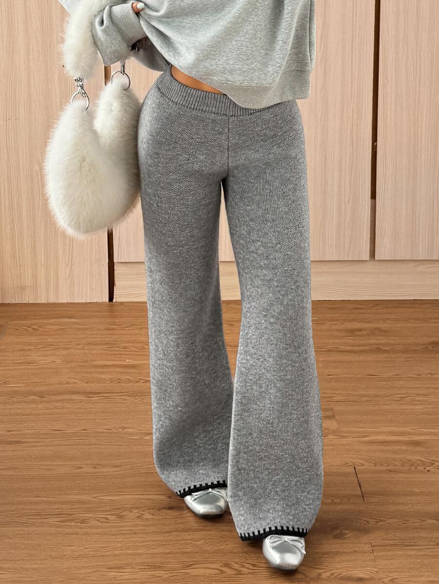 SHEIN EZwear Women's Solid Color Elastic Waist Casual Flared Knit Long Pants - Grey - View 1