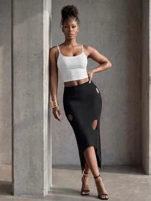 BamGlimmer Women's Cutout Design Asymmetrical Hem Knit Design Skirt - Black - View 5