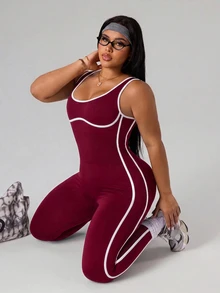 SHEIN Rhythm Era Women's Plus Size Colorblock Trim Sleeveless Fitted Athletic Jumpsuit - Burgundy - View 7