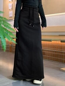 DAZY Women's Solid Color Drawstring Waist Long Casual Skirt - Black - View 2