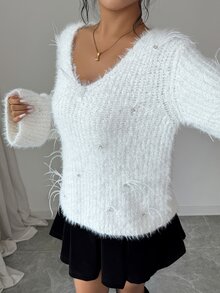 Elenzga Women's Solid Color V-Neck Casual Versatile Daily Wear Long Sleeve Sweater - White - View 4
