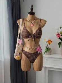 Oceva 女款波點與條紋印花比基尼套裝，2件式泳衣，雙肩帶設計，胸前蝴蝶結裝飾，高腰，休閒海灘度假泳裝 - 咖啡棕 - 查看 2
