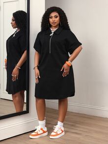 SHEIN SXY 大尺碼女款拉鍊半開襟短袖休閒寬鬆牛仔洋裝 - 黑色 - 查看 3