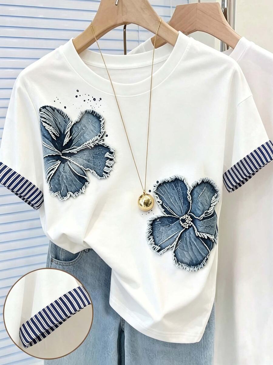 Franclia 女款外穿上衣 夏季新款 時尚百搭 白色 花卉印花 條紋 學生風 女款對比色袖 T恤 - 彩色 - 查看 1
