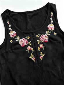 Breezaya 女款花卉刺繡圓領休閒鄉村風波希米亞百搭無袖上衣 度假黑色花卉夏季沙灘 - 黑色 - 查看 8