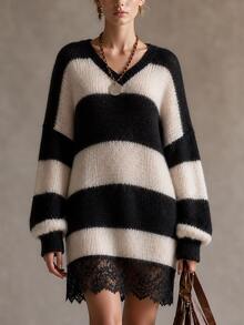 SHEIN Women's Colorblock Casual Daily Knit Dress - Coffee Brown - View 1
