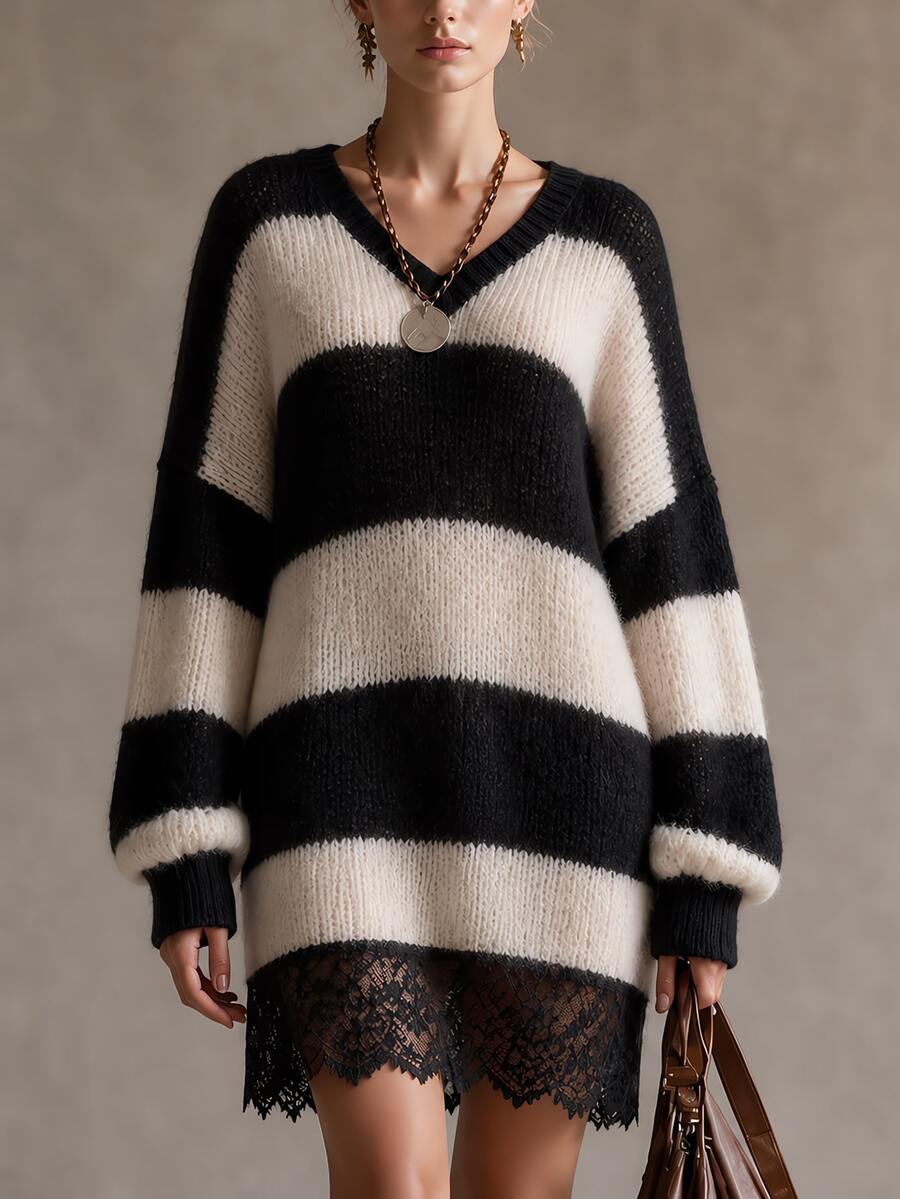 SHEIN Women's Colorblock Casual Daily Knit Dress - Coffee Brown - View 1