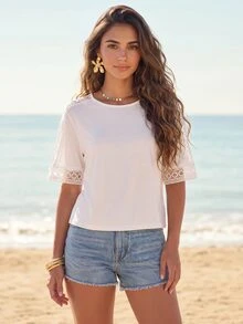 CAJUNI Women's Solid Color Round Neck Short Sleeve Contrast Lace Casual T-Shirt - White - View 5