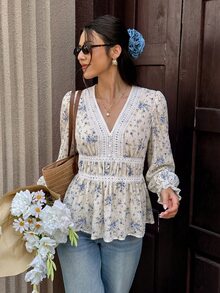 Serisse Women's Floral Contrast Lace V-Neck Long Sleeve Fashion Blouse - Apricot - View 3