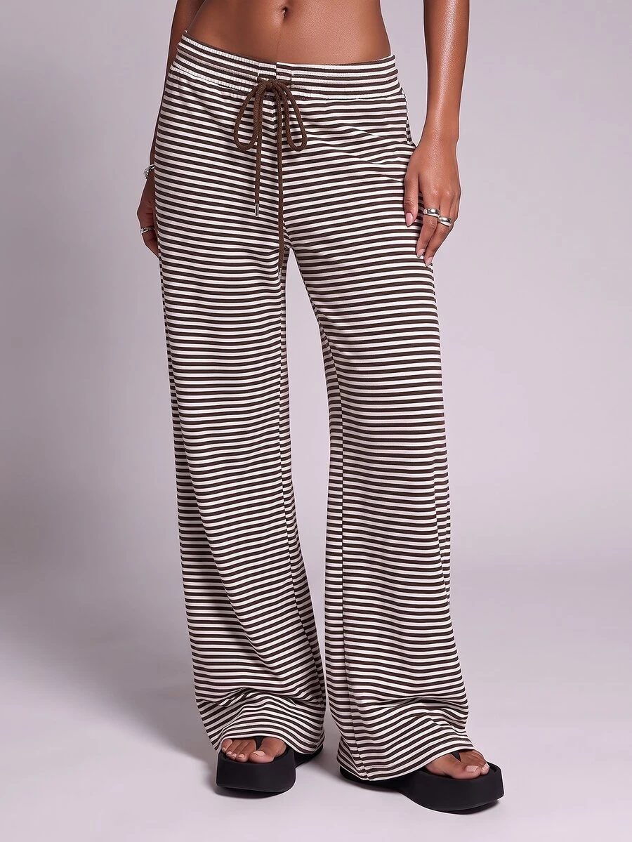 Nooralise Fashionable Hot Girl Sporty Striped Drawstring Tie Wide Leg Long Pants - Multicolor - View 1