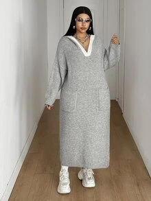 Maweii Plus Size Women's Knitted Hooded Pocket Casual Fashion Loose Knit Dress - Grey - View 3