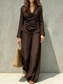 SHEIN Women's Solid Color Cowl Neck Long Sleeve Top + Wide Leg Pants 2 Pieces Set - Coffee Brown - View 4