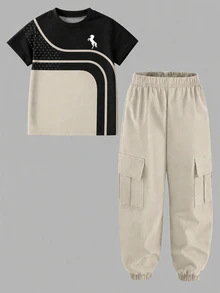 SHEIN 2pcs Set Striped And Polka Dot Horse Logo Print Pattern Black And Light Khaki Color Block Versatile Fashionable Comfortable Round Neck T-Shirt And Light Khaki Cargo Jogger Pants Short Sleeve Outfit Suitable For All Seasons - Multicolor - View 2