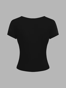 SHEIN EZwear 女款休閒舒適缺口領抓皺短袖T恤 黑色、白色、灰色 3件組 - 黑與白 - 查看 6