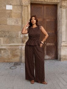 Elaquor Plus Size Women Polka Dot Pattern Ruffle Hem Sleeveless Blouse And Wide Leg Pants 2 Pieces Set - Brown - View 6