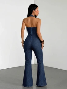 Flexra Festival Plus Size Women's Blue Stretch Sexy Tight Halter Neck Denim Jumpsuit - Dark Wash - View 2