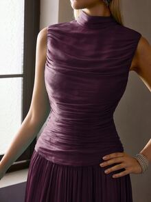 MOTF PREMIUM FRENCH STYLE SLEEVELESS HIGH NECK RUCHED CINCHED WAIST LONG DRESS FOR WOMEN - Red Violet - View 6