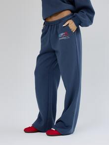 MUSERA Graphic Logo Printed Elasticated Waist Loose Fit Wide Leg Coord Jogger Bottom  Fall Autumn Winter Cute City Holiday Coolgirl Back To School Blancs - Navy Blue - View 3