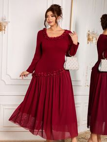 Modelyn Women's Elegant Floral Square Neckline Decor Fitted Elegant Plus Size Long Sleeve Dress - Burgundy - View 1