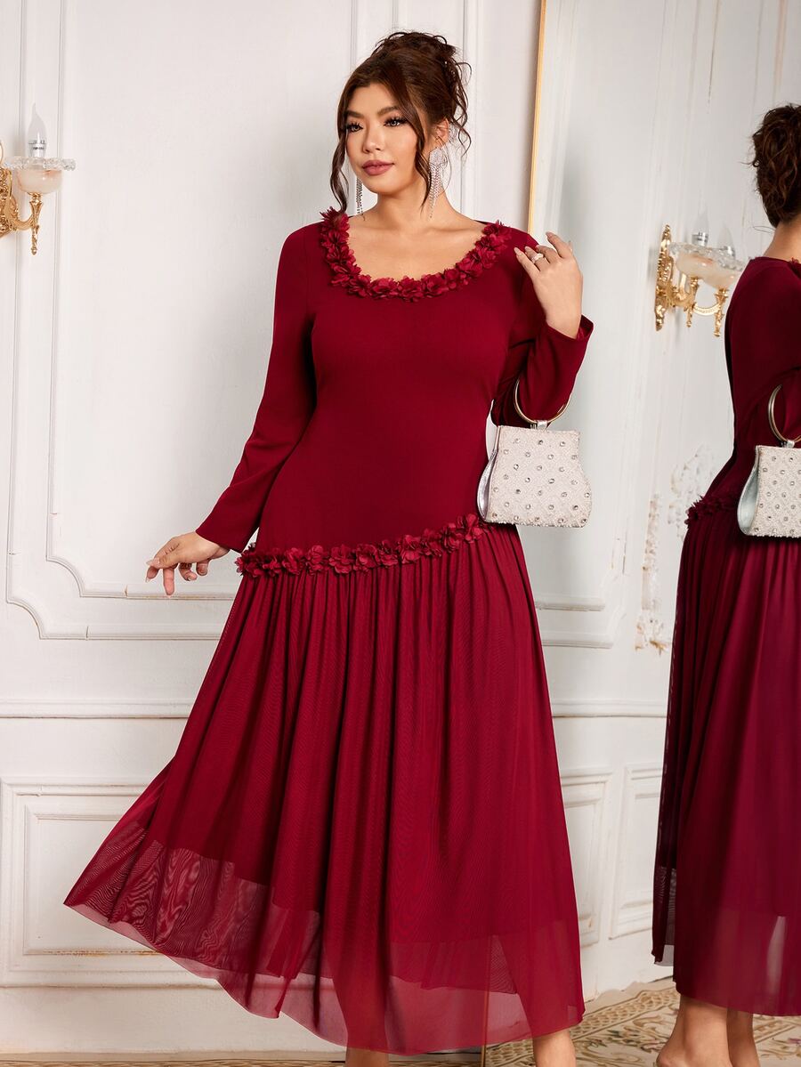 Modelyn Women's Elegant Floral Square Neckline Decor Fitted Elegant Plus Size Long Sleeve Dress - Burgundy - View 1