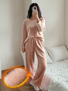 DAZY Winter Fuzzy Minimalist Solid Color Loose Fit Women's Pajama Set - Pink - View 4