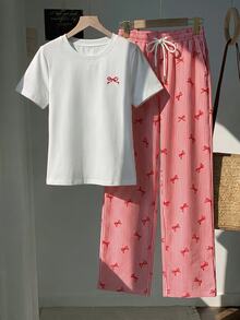 Comfortcana 2件組刺繡圓領短袖上衣與條紋印花長褲，休閒風 - 紅色 - 查看 3
