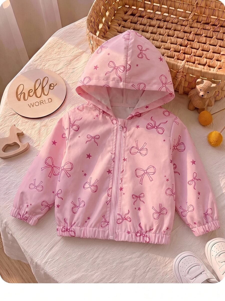 SHEIN 女嬰可愛休閒粉色花卉圖案連帽秋季外套 - 彩色 - 查看 1