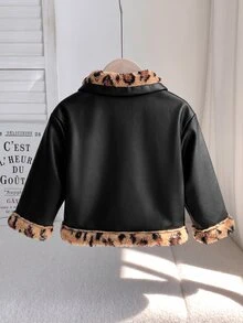 SHEIN 女嬰秋冬可愛百搭拼色保暖內裡人造毛皮夾克 皮革羊羔毛 秋季百搭街頭風豹紋 - 黑色 - 查看 2