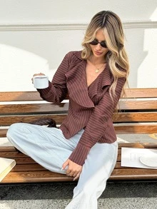 SHEIN Frenchy 女款優雅通勤條紋荷葉邊夾克 - 棕色 - 查看 6