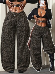 BamGleam Festival Standard Size Women's Leopard Print Non-Stretch Loose Sexy Banana Jeans - Brown - View 9