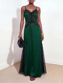 Zivah Women's Contrast Lace Fashion Elegant Spaghetti Strap Long Dress - Dark Green - View 4