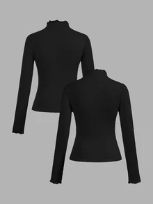SHEIN EZwear 2件裝黑色休閒修身長袖T恤，秋冬款 - 黑色 - 查看 2