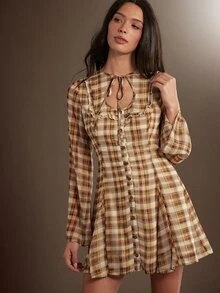 WESTFADE Tie Neck Long Sleeve A Line Ruffle Plaid Mini Dress, Fall Winter 2026, Western Style, Cowgirl Clothing, Rodeo, Female Country Look, Autumn, Festival - Multicolor - View 3