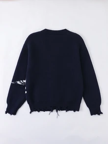 SHEIN Explorewe 青少年男孩美式復古黑色慵懶開襟衫，返校大學街頭休閒寬鬆版型 - 藏蓝色 - 查看 3