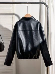 SHEIN Sparklyn 青少年女孩長袖抓絨秋冬休閒街頭風寬鬆日常上班上學通勤PU皮革翻領夾克外套黑色 - 黑色 - 查看 2