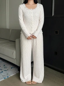 Dazy Plus Floral Pattern Contrast Lace Pants & Fitted Long Sleeve Top 2 Pieces Loungewear Set, Pink Pajama Set - White - View 3