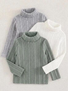 SHEIN 兒童 3件組小男孩針織高領純色T恤，小學、中學校服 - 彩色 - 查看 4