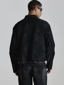 Musero Cropped Boxy Fit Flat PU Suede Jacket Tonal Zip Detail Slight Drop Shoulder Autum Winter Essentials - Black - View 5