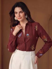 Anewsta Fall Elegant Retro Romantic Embroidered Dark Red Floral Long Sleeve Pleated Vacation Faux Linen Women's Blouse, Autumn Casual Work Brunch Business - Red - View 4