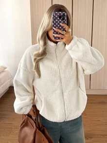 SHEIN EZwear 女款純色拉鍊休閒百搭長袖夾克，適合日常居家旅行，白色，秋季 - 白色 - 查看 7