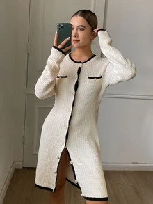DAZY Patchwork Contrast Color Striped Fitted Bodycon Long Sleeve Round Neck Elegant Formal Vacation Korean Style Party Autumn/Winter Women's Sweater Dress - Apricot - View 3