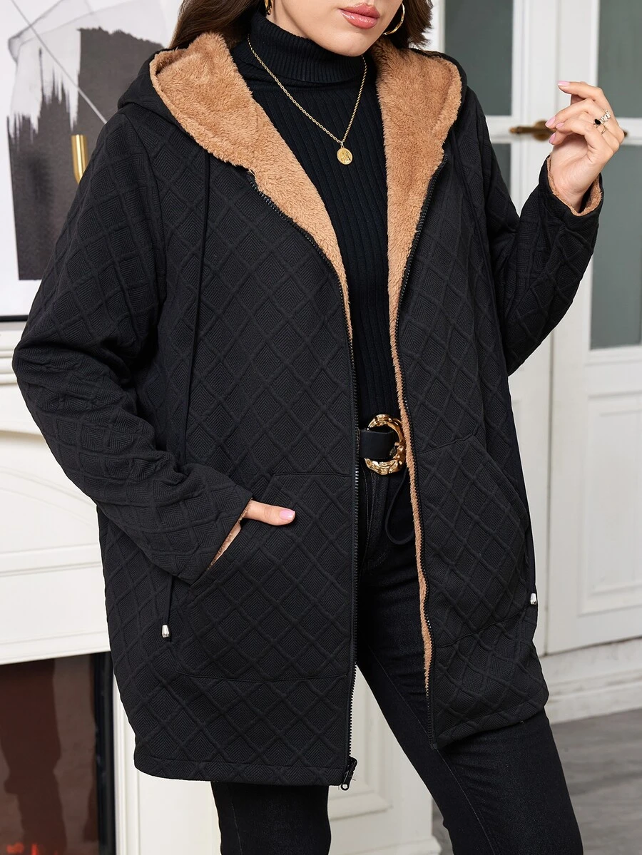 SHEIN Clasi 大尺碼女款純色長袖前拉鍊保暖內裡連帽外套 - 黑色 - 查看 1