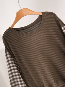 CosyJoli Plus Size Women's Casual Plaid Patchwork 2 In 1 T-Shirt - Camel - View 3