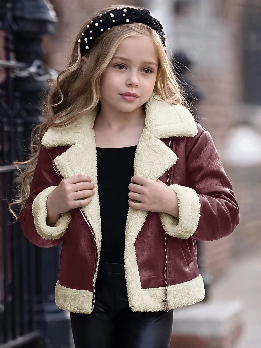 Emery Rose Kids Emery Rose Kids 女童拼色時尚拉鍊翻領PU材質秋冬夾克 - 酒紅色 - 查看 1
