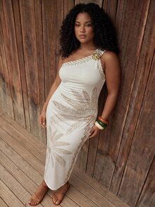 CAJUNI Plus Size Vacation Coconut Tree Print One Shoulder Dress - Multicolor - View 5