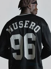 Oversized Drop Shoulder Mesh Graphic Tshirt With Musero Bones "96 MUSERO" Back Print Autum Winter Essentials - Black - View 6