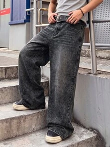 Manfinity EMRG 男士深灰色酸洗寬腿牛仔褲，復古龐克骷髏玫瑰圖案字母印花，寬鬆丹寧長褲，街頭風 - 黑色 - 查看 2